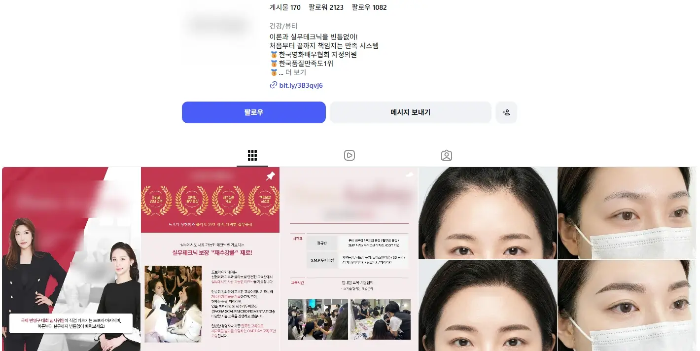 반영구 아카데미 인스타그램 계정 화면 (계정명·로고는 흐리게 처리)